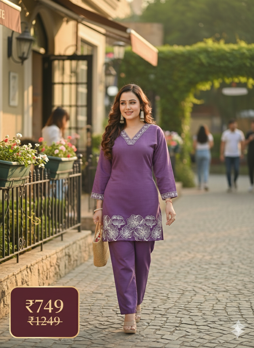 Purple Embroidered Cord Set for Women – Premium Cotton Co-ord with V-Neck Kurta & Straight Pants | Elegant Ethnic Wear