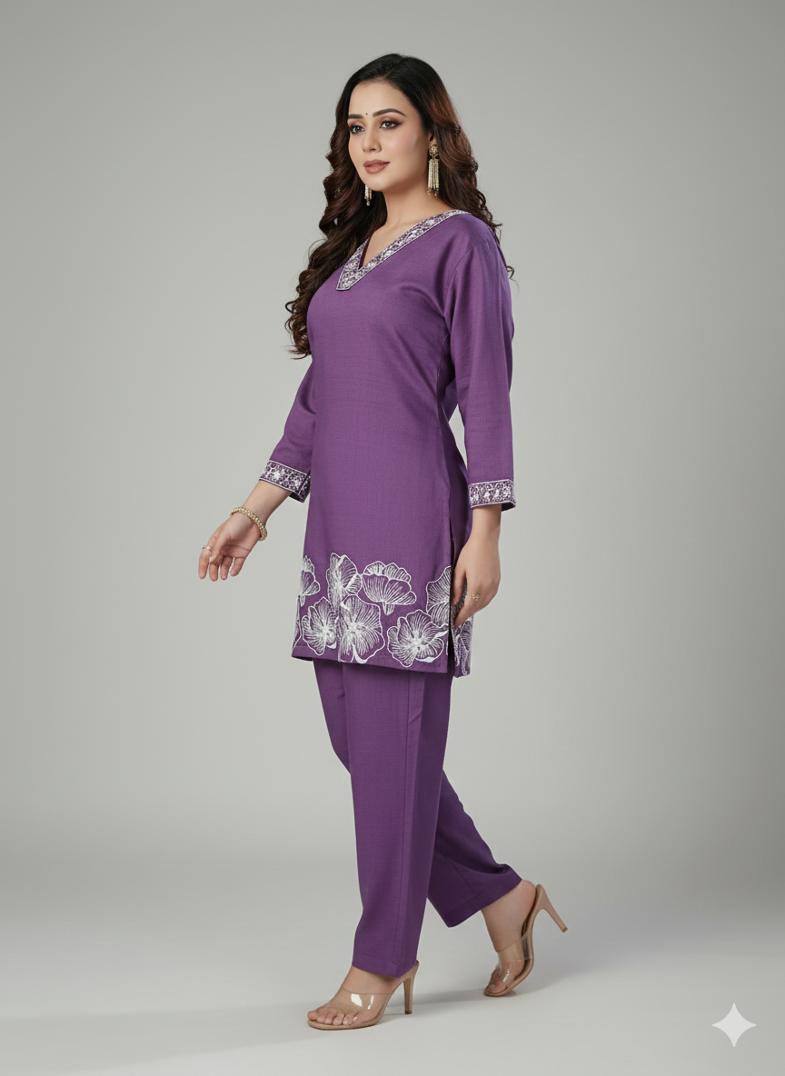 Purple Embroidered Cord Set for Women – Premium Cotton Co-ord with V-Neck Kurta & Straight Pants | Elegant Ethnic Wear