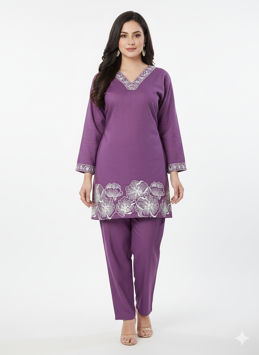 Purple Embroidered Cord Set for Women – Premium Cotton Co-ord with V-Neck Kurta & Straight Pants | Elegant Ethnic Wear