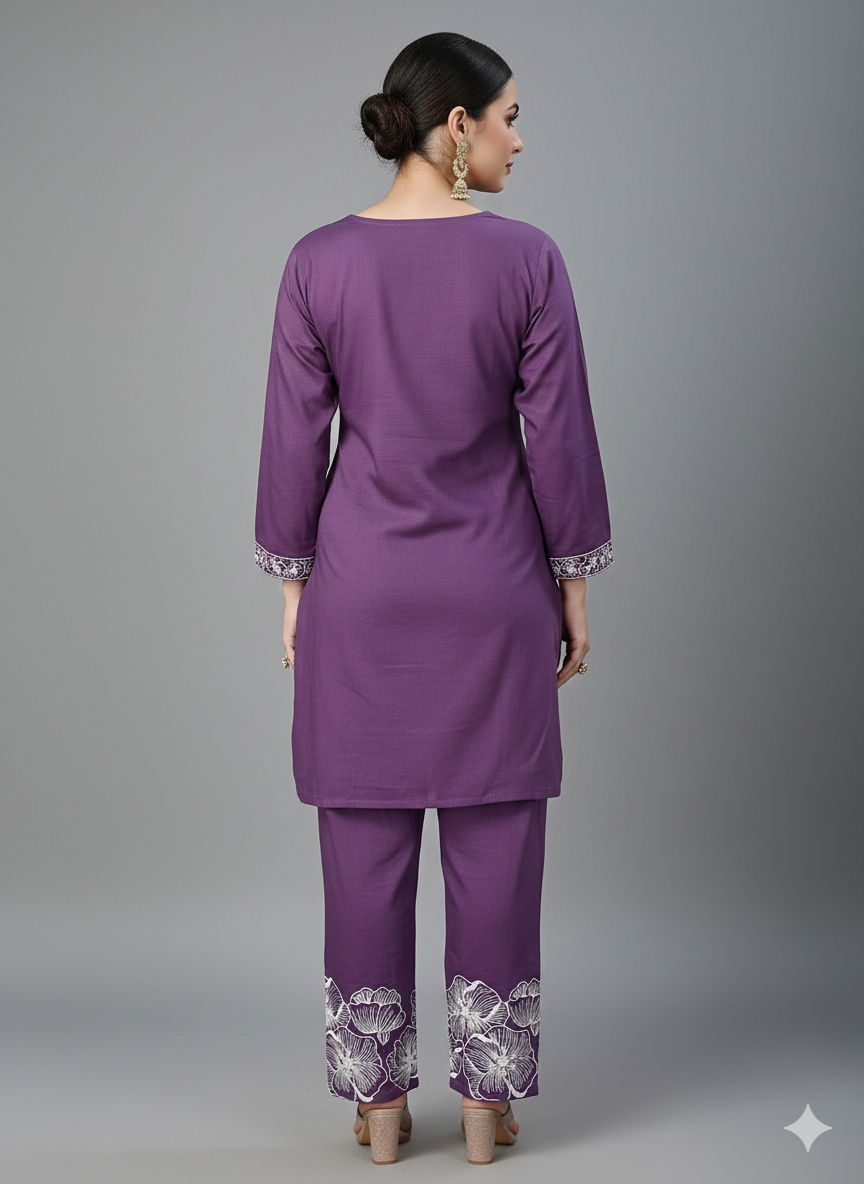 Purple Embroidered Cord Set for Women – Premium Cotton Co-ord with V-Neck Kurta & Straight Pants | Elegant Ethnic Wear