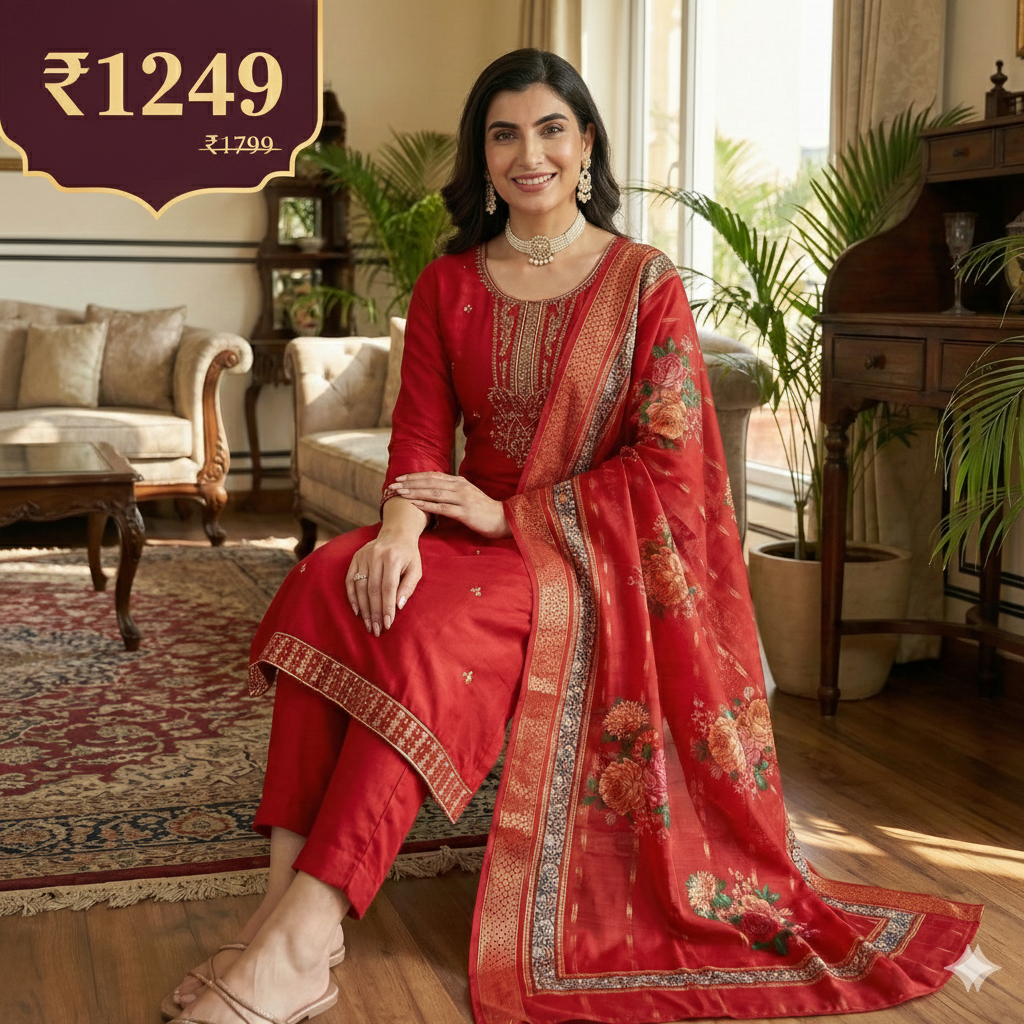 Red Embroidered 3-Piece Suit Set for Women – Kurta, Pant & Dupatta | Festive & Traditional Wear