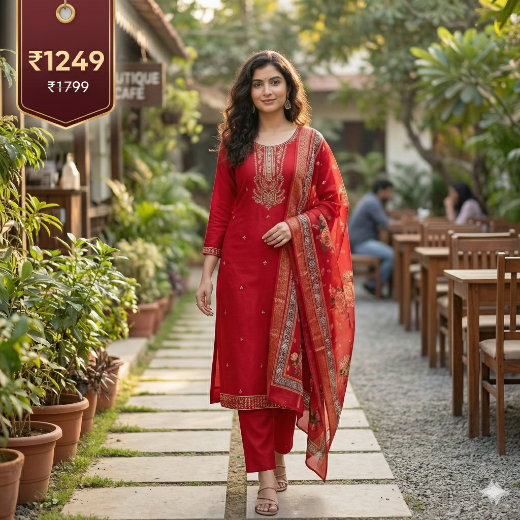 Red Embroidered 3-Piece Suit Set for Women – Kurta, Pant & Dupatta | Festive & Traditional Wear