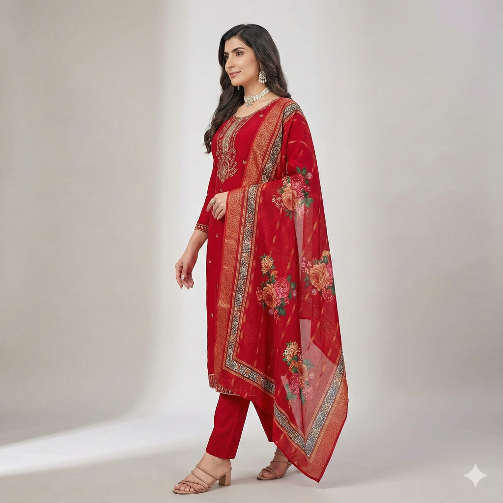 Red Embroidered 3-Piece Suit Set for Women – Kurta, Pant & Dupatta | Festive & Traditional Wear