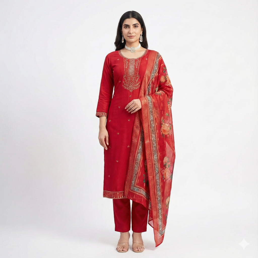 Red Embroidered 3-Piece Suit Set for Women – Kurta, Pant & Dupatta | Festive & Traditional Wear