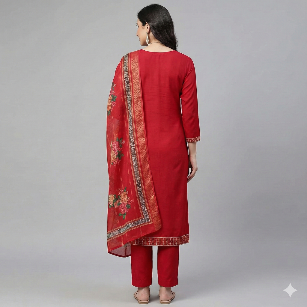 Red Embroidered 3-Piece Suit Set for Women – Kurta, Pant & Dupatta | Festive & Traditional Wear