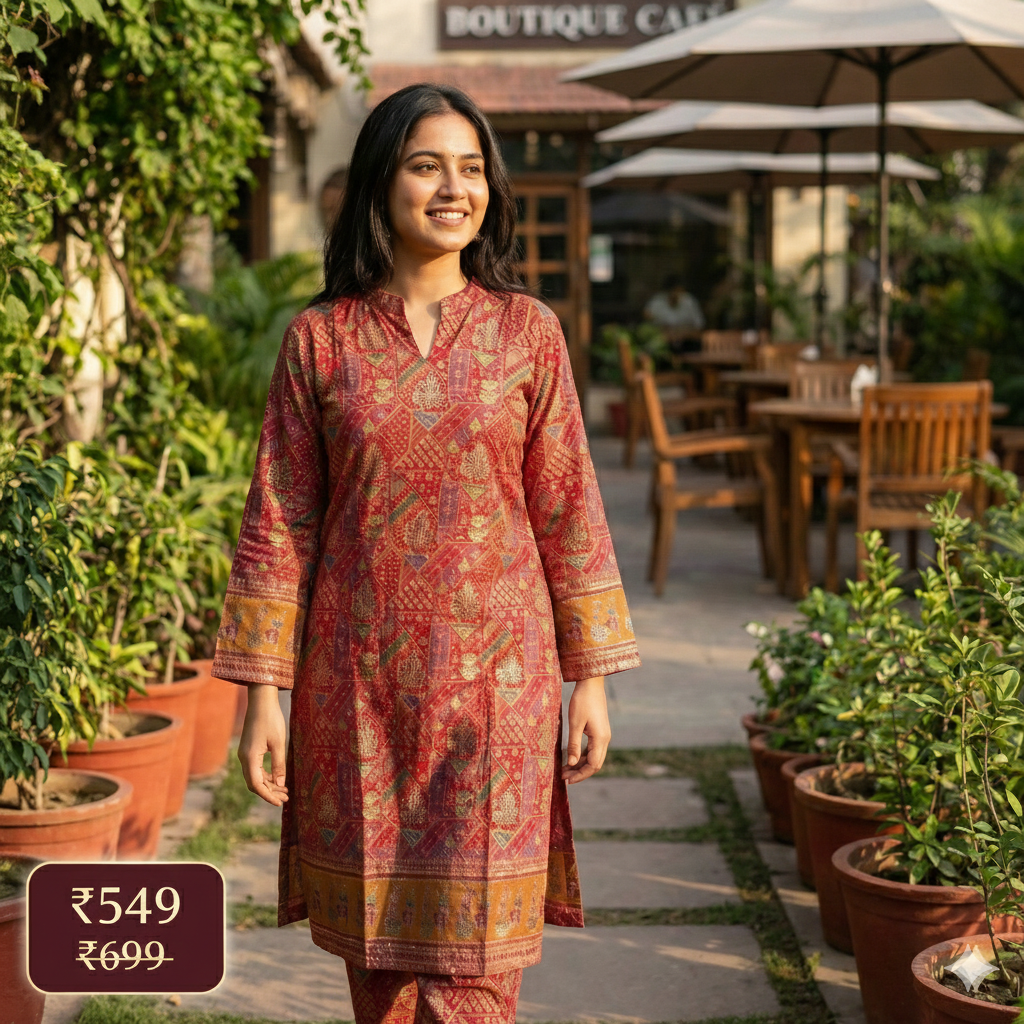 Red Ethnic Print Cotton Co-ord Set for Women | Comfortable Kurta & Pant Set