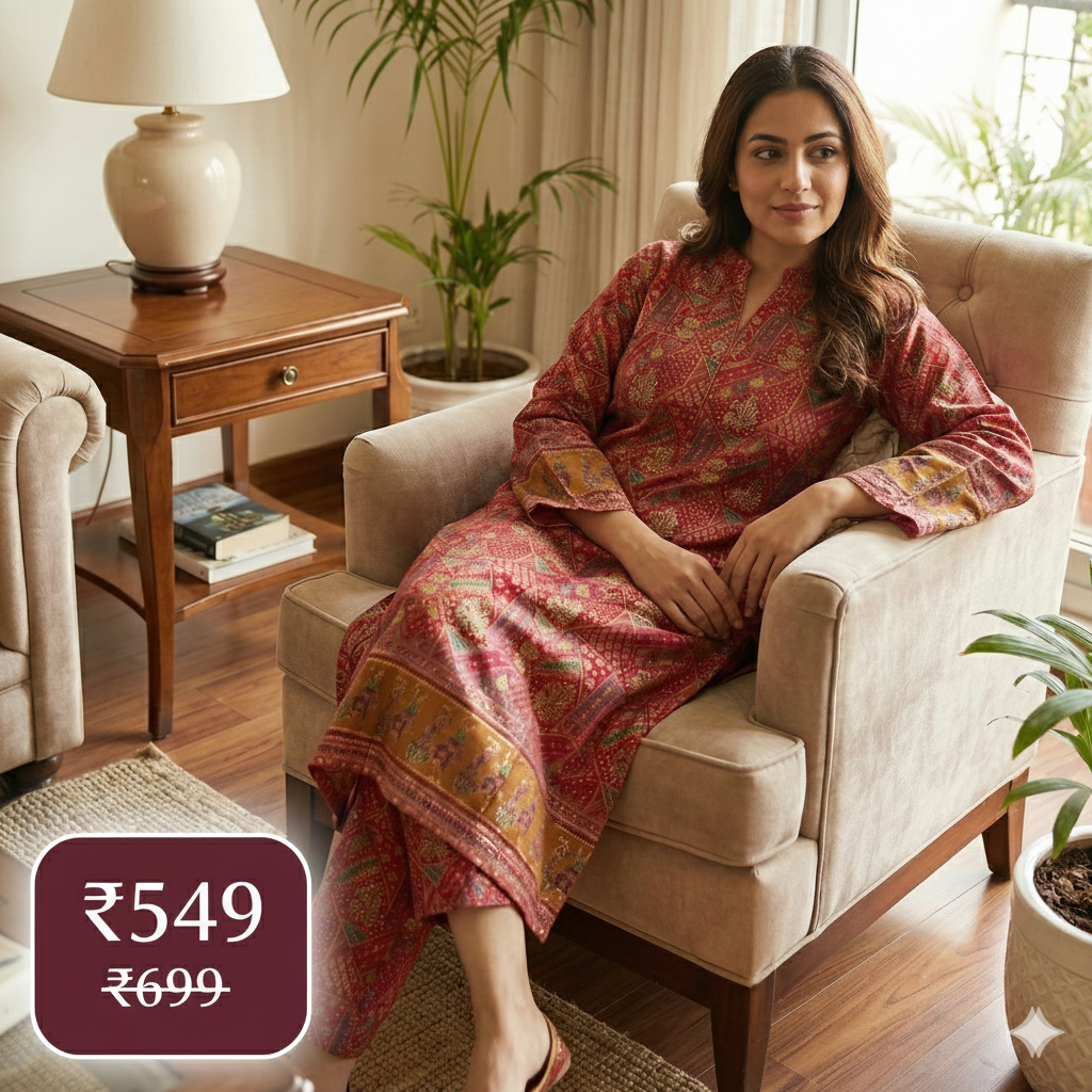 Red Ethnic Print Cotton Co-ord Set for Women | Comfortable Kurta & Pant Set