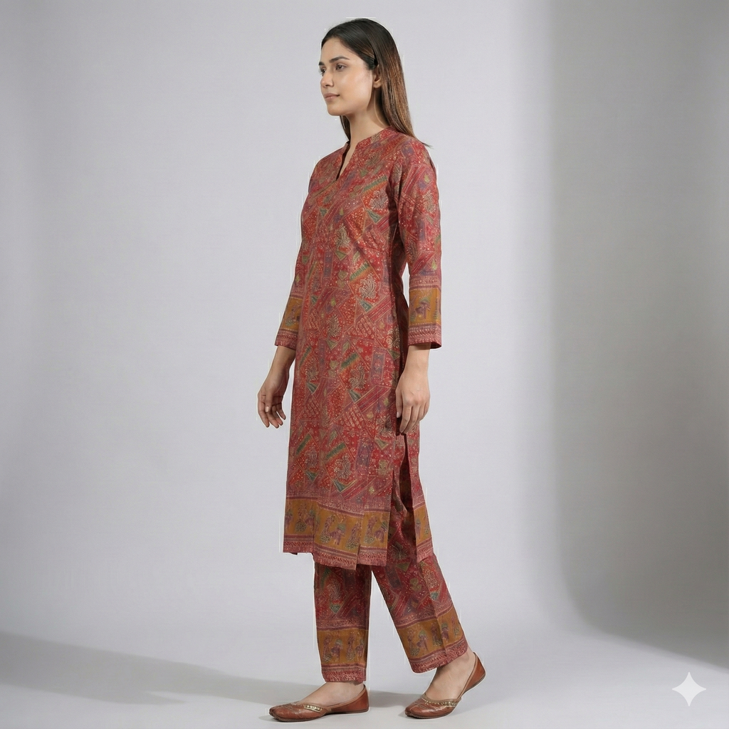 Red Ethnic Print Cotton Co-ord Set for Women | Comfortable Kurta & Pant Set
