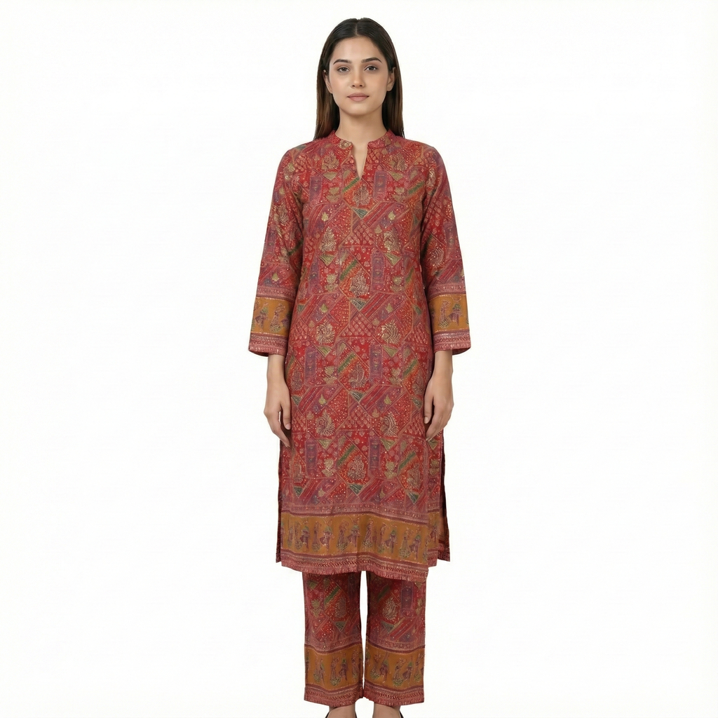 Red Ethnic Print Cotton Co-ord Set for Women | Comfortable Kurta & Pant Set
