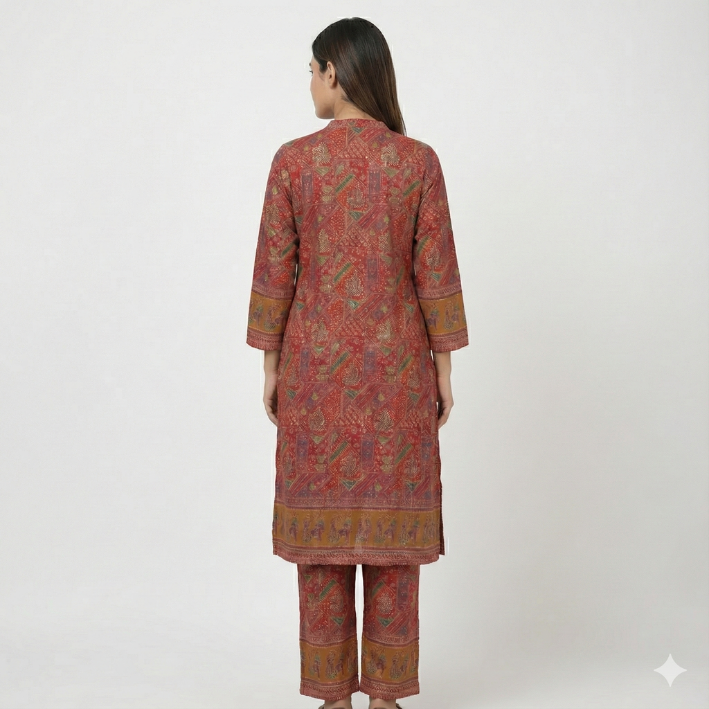 Red Ethnic Print Cotton Co-ord Set for Women | Comfortable Kurta & Pant Set