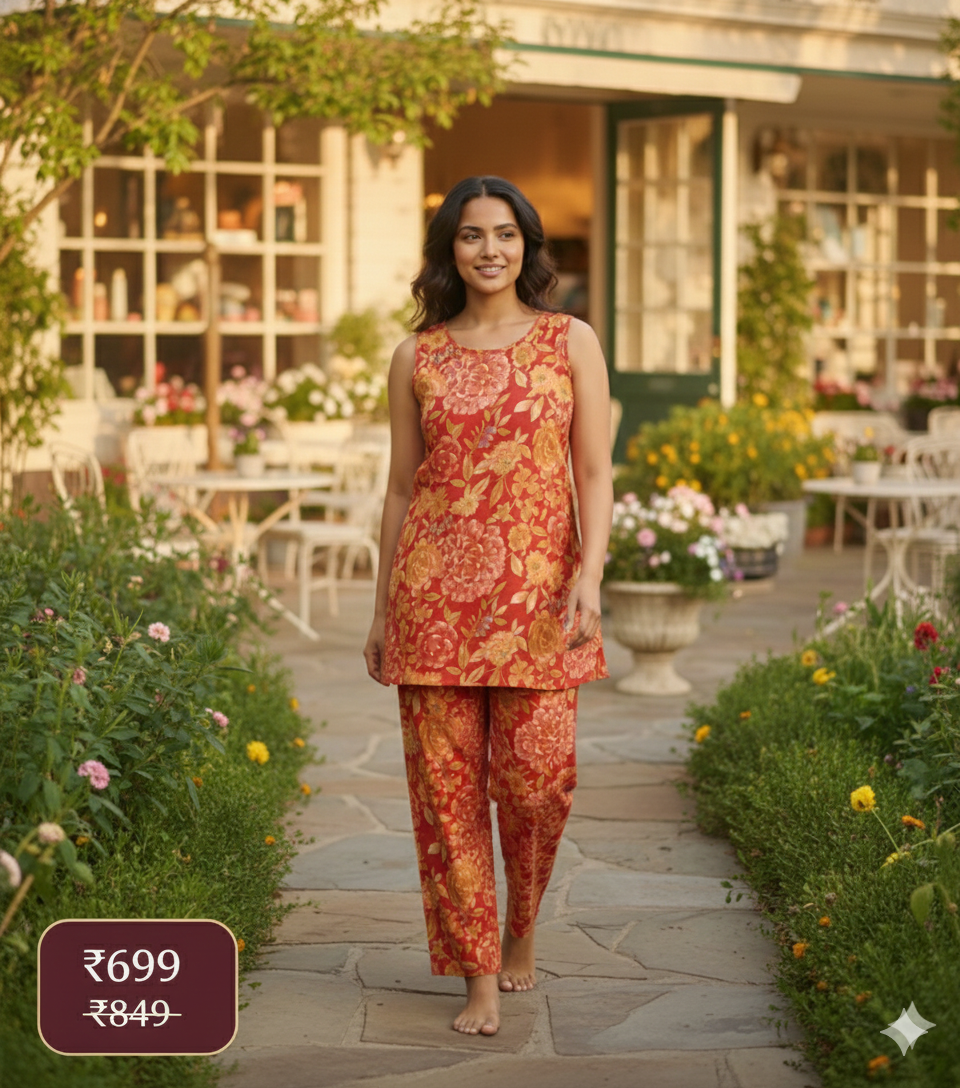 Red Floral Printed Sleeveless Co-ord Set for Women – Comfortable Daily Wear | Short Sleeves Attached Inside