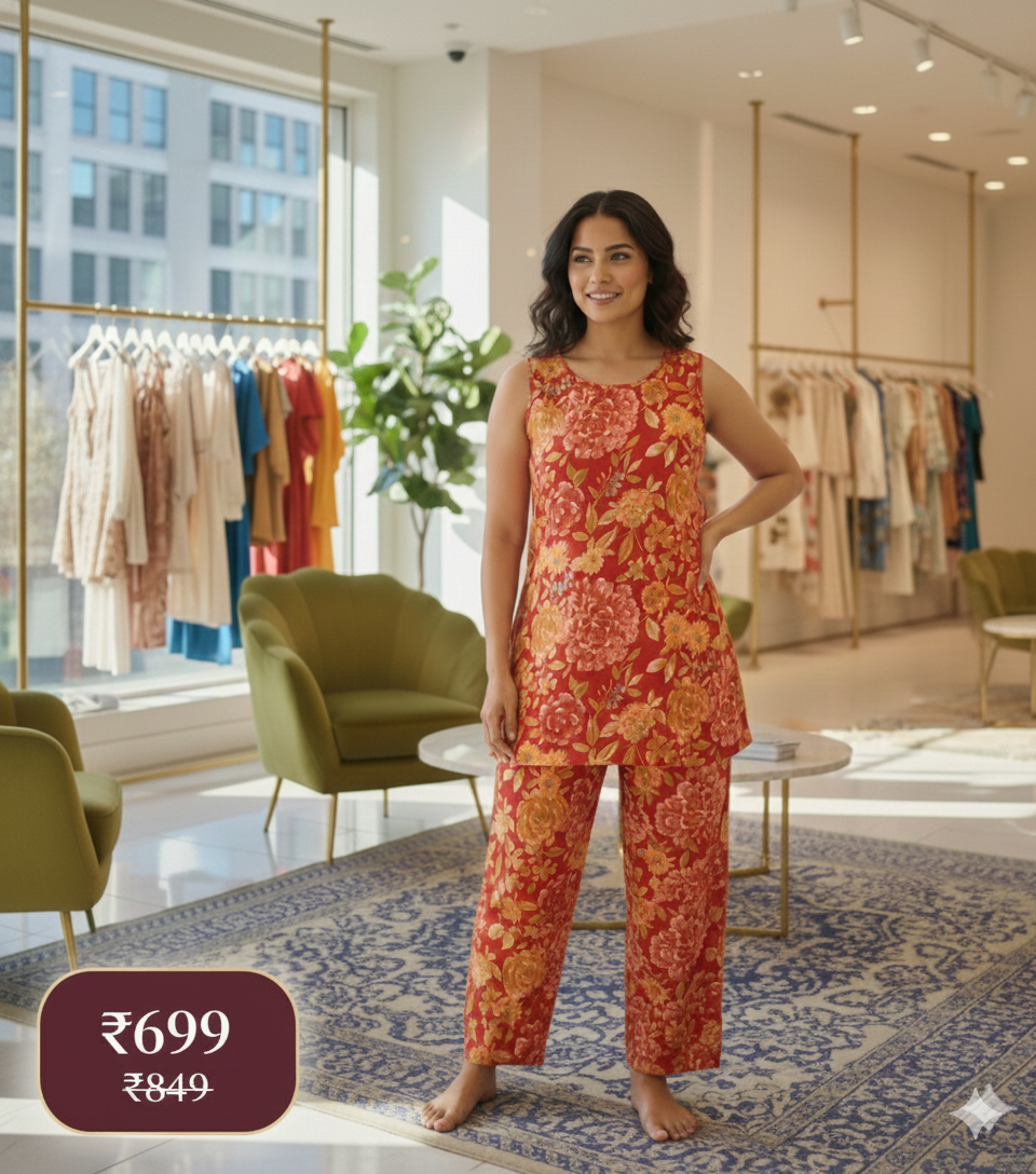 Red Floral Printed Sleeveless Co-ord Set for Women – Comfortable Daily Wear | Short Sleeves Attached Inside