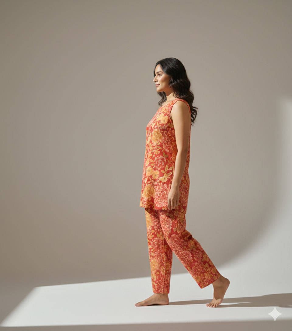 Red Floral Printed Sleeveless Co-ord Set for Women – Comfortable Daily Wear | Short Sleeves Attached Inside