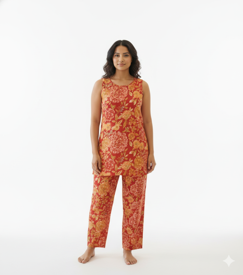 Red Floral Printed Sleeveless Co-ord Set for Women – Comfortable Daily Wear | Short Sleeves Attached Inside