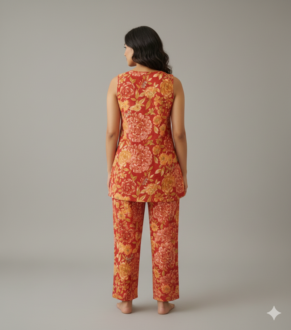 Red Floral Printed Sleeveless Co-ord Set for Women – Comfortable Daily Wear | Short Sleeves Attached Inside