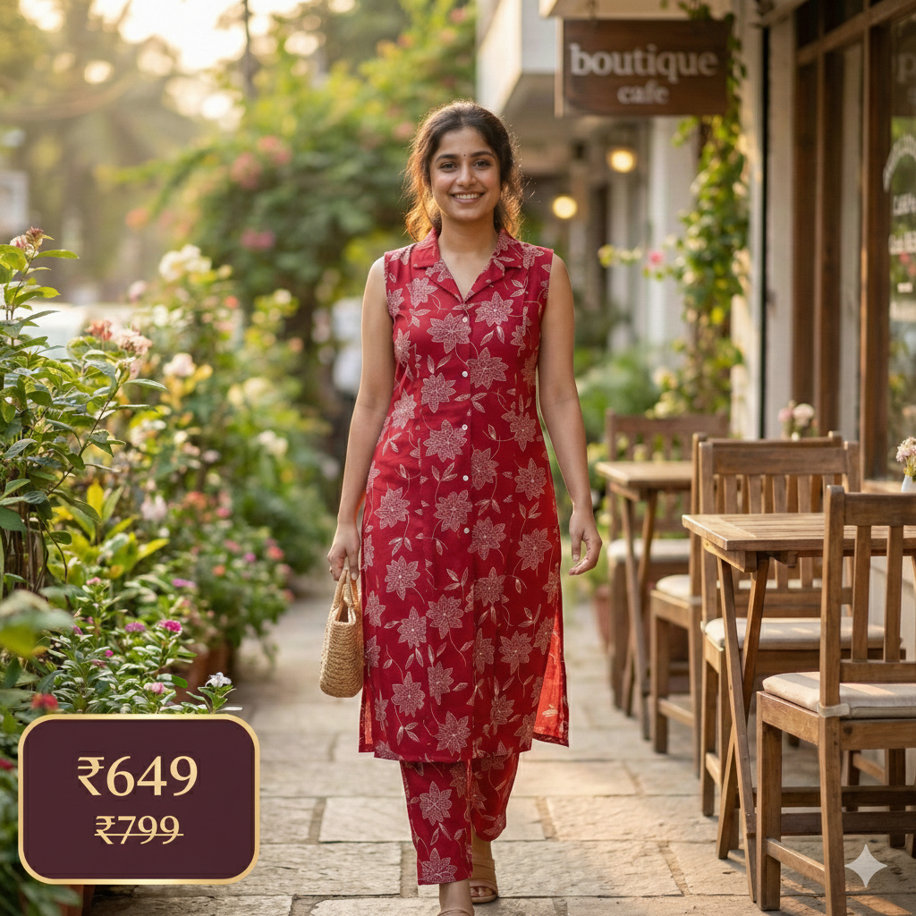 Red Floral Cotton Sleeveless Co-ord Set for Women | Kurta & Pant Set with Attached 3/4 Sleeves