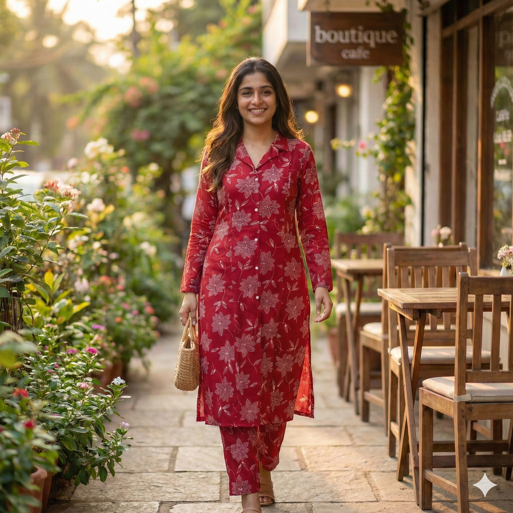 Red Floral Cotton Sleeveless Co-ord Set for Women | Kurta & Pant Set with Attached 3/4 Sleeves