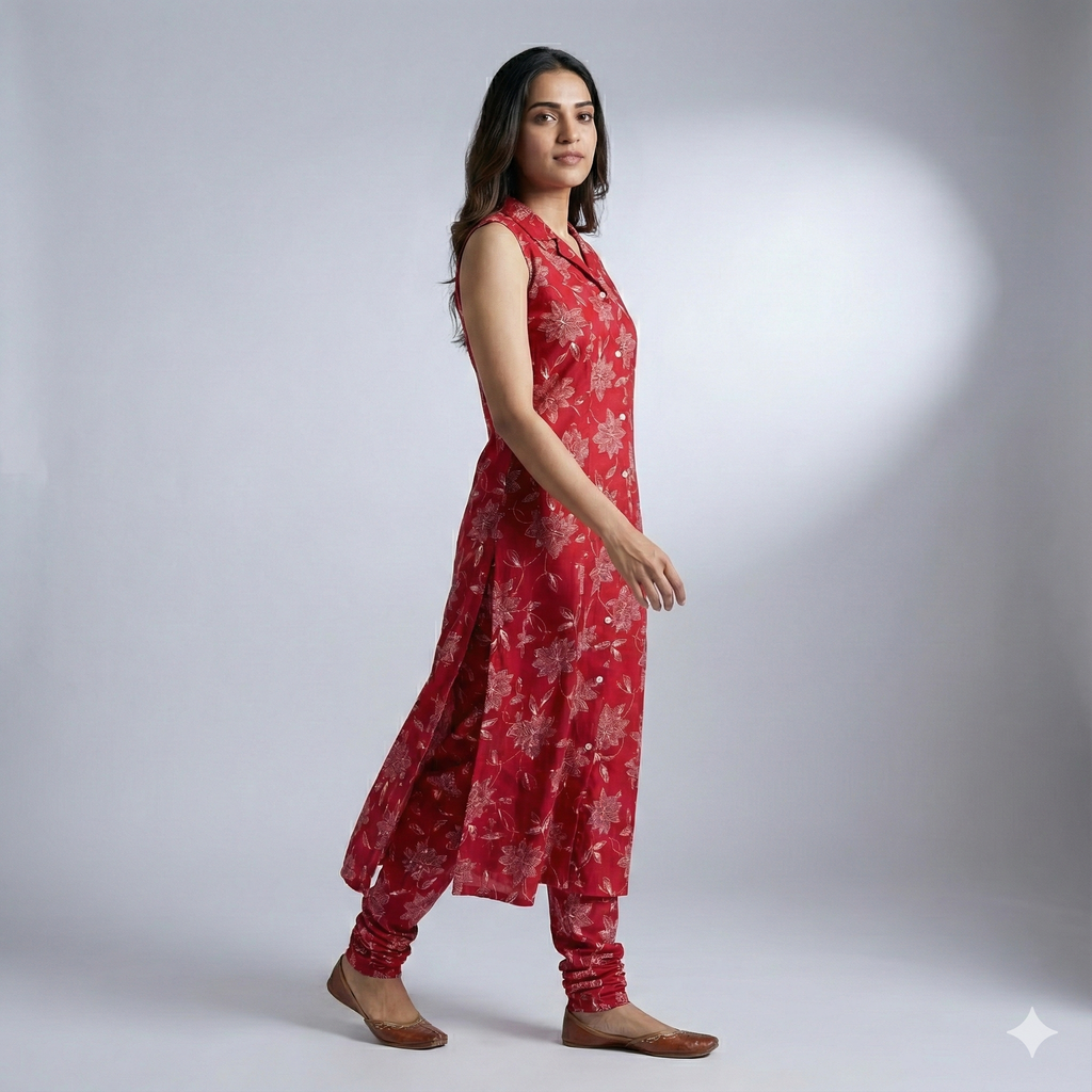 Red Floral Cotton Sleeveless Co-ord Set for Women | Kurta & Pant Set with Attached 3/4 Sleeves