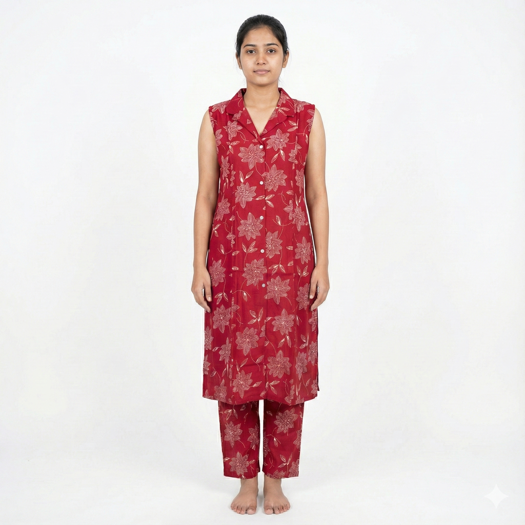 Red Floral Cotton Sleeveless Co-ord Set for Women | Kurta & Pant Set with Attached 3/4 Sleeves