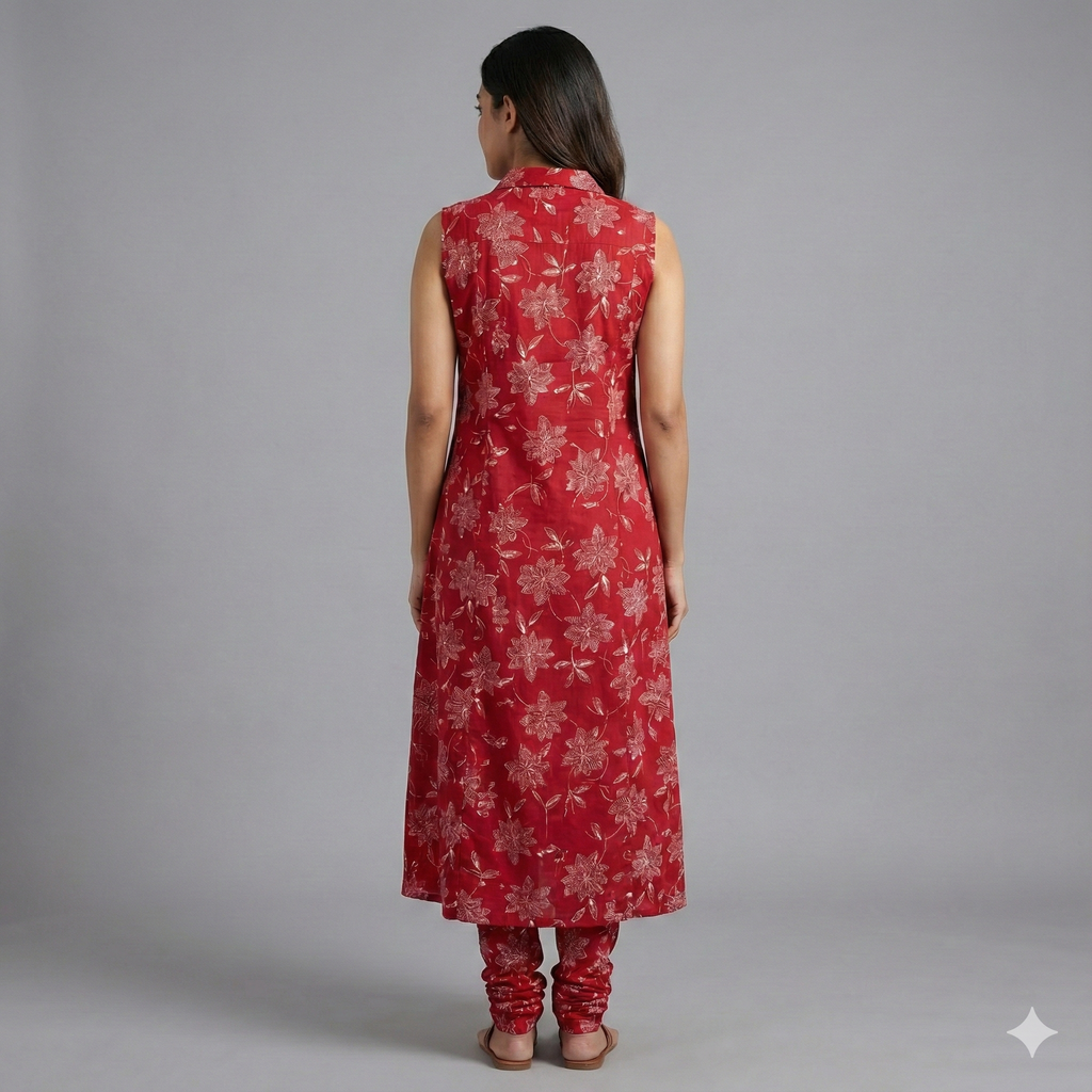 Red Floral Cotton Sleeveless Co-ord Set for Women | Kurta & Pant Set with Attached 3/4 Sleeves