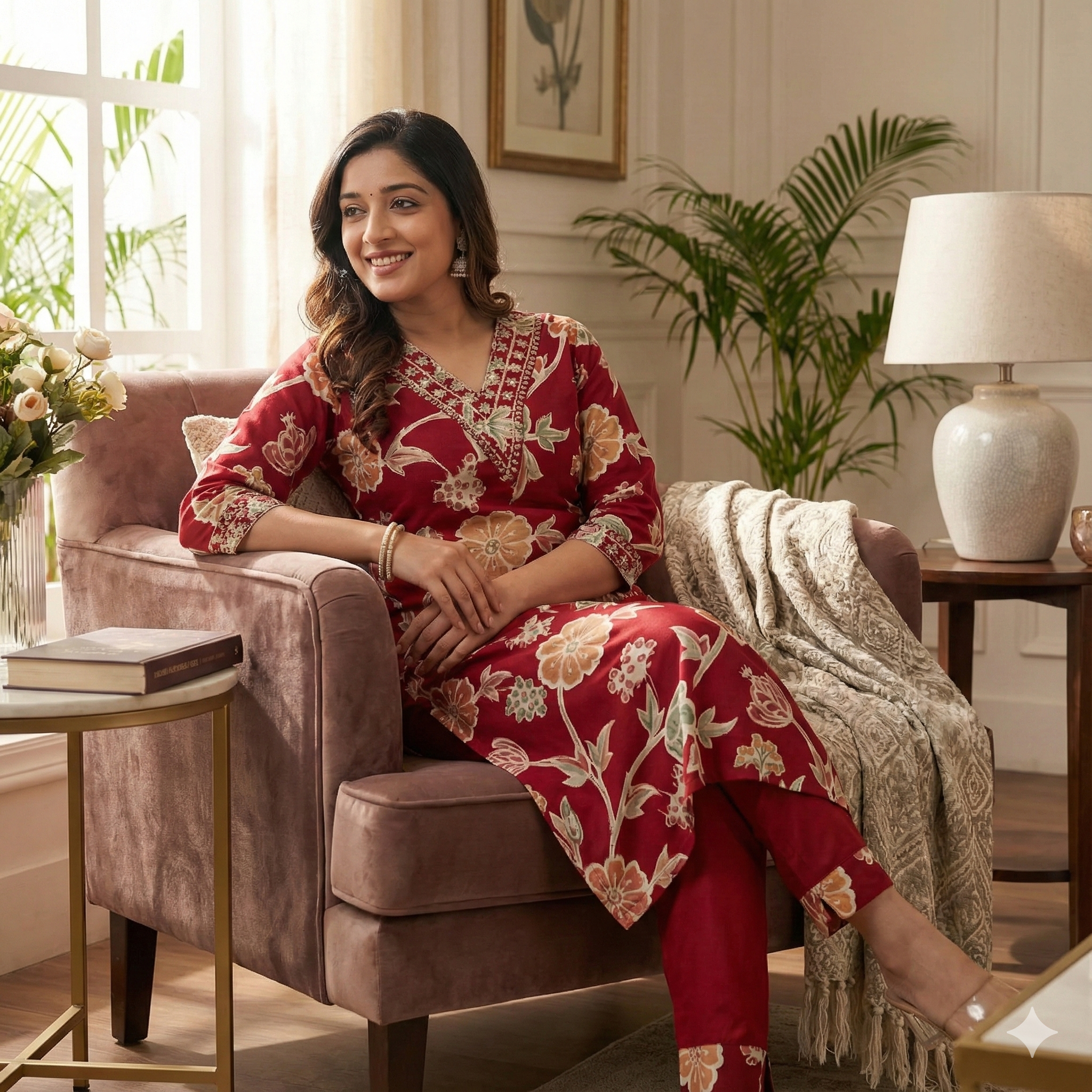 Red Floral Printed Kurta Pant Set for Women – Elegant Daily Wear & Casual Ethnic Suit