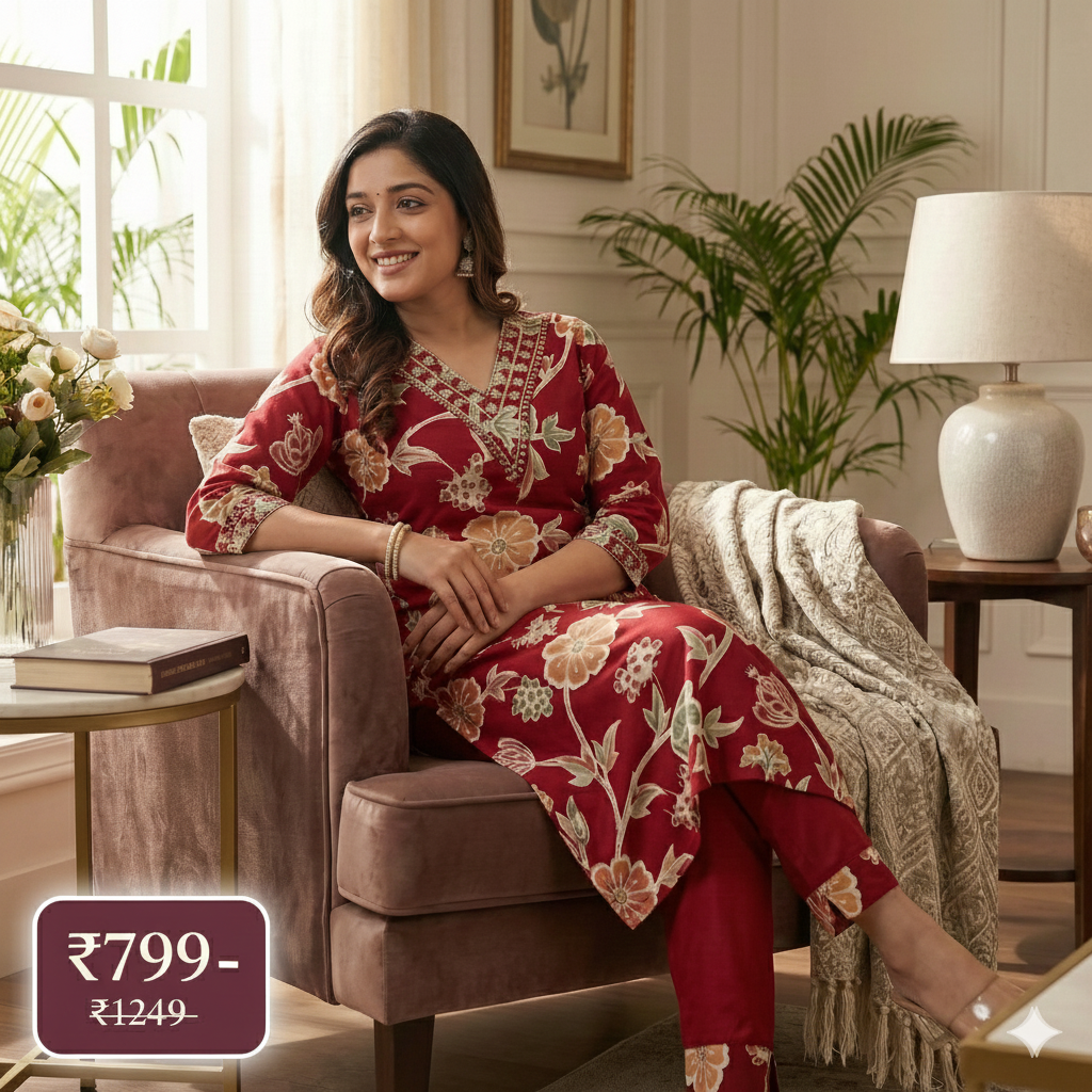 Red Floral Printed Kurta Pant Set for Women – Elegant Daily Wear & Casual Ethnic Suit