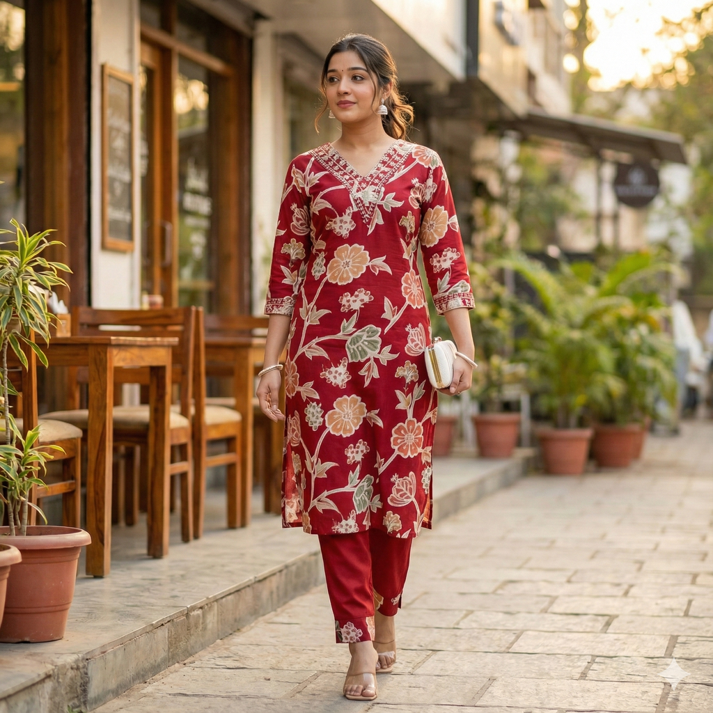Red Floral Printed Kurta Pant Set for Women – Elegant Daily Wear & Casual Ethnic Suit