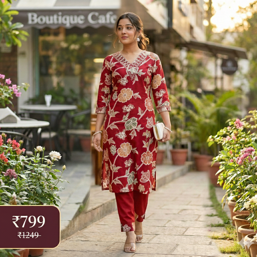 Red Floral Printed Kurta Pant Set for Women – Elegant Daily Wear & Casual Ethnic Suit