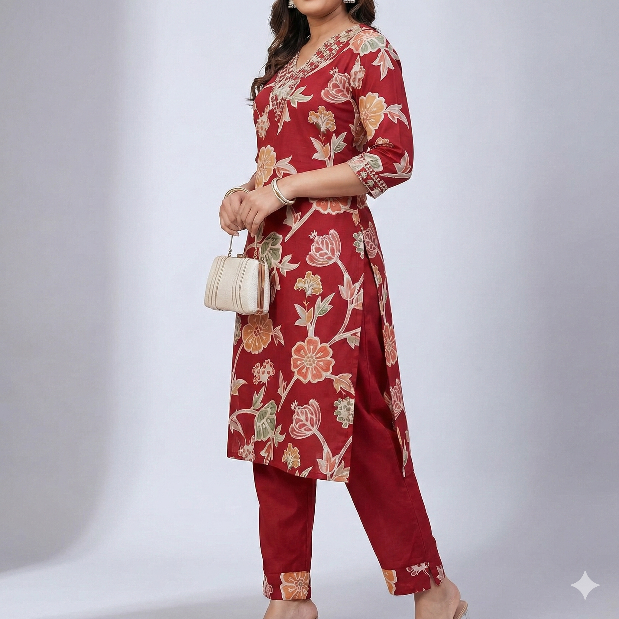 Red Floral Printed Kurta Pant Set for Women – Elegant Daily Wear & Casual Ethnic Suit