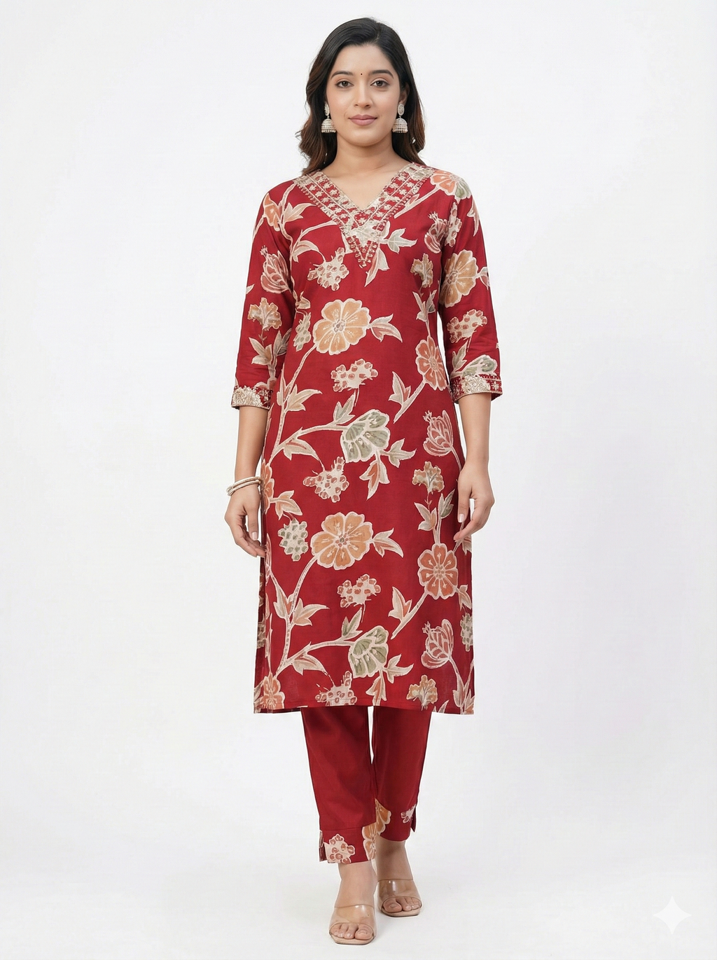 Red Floral Printed Kurta Pant Set for Women – Elegant Daily Wear & Casual Ethnic Suit