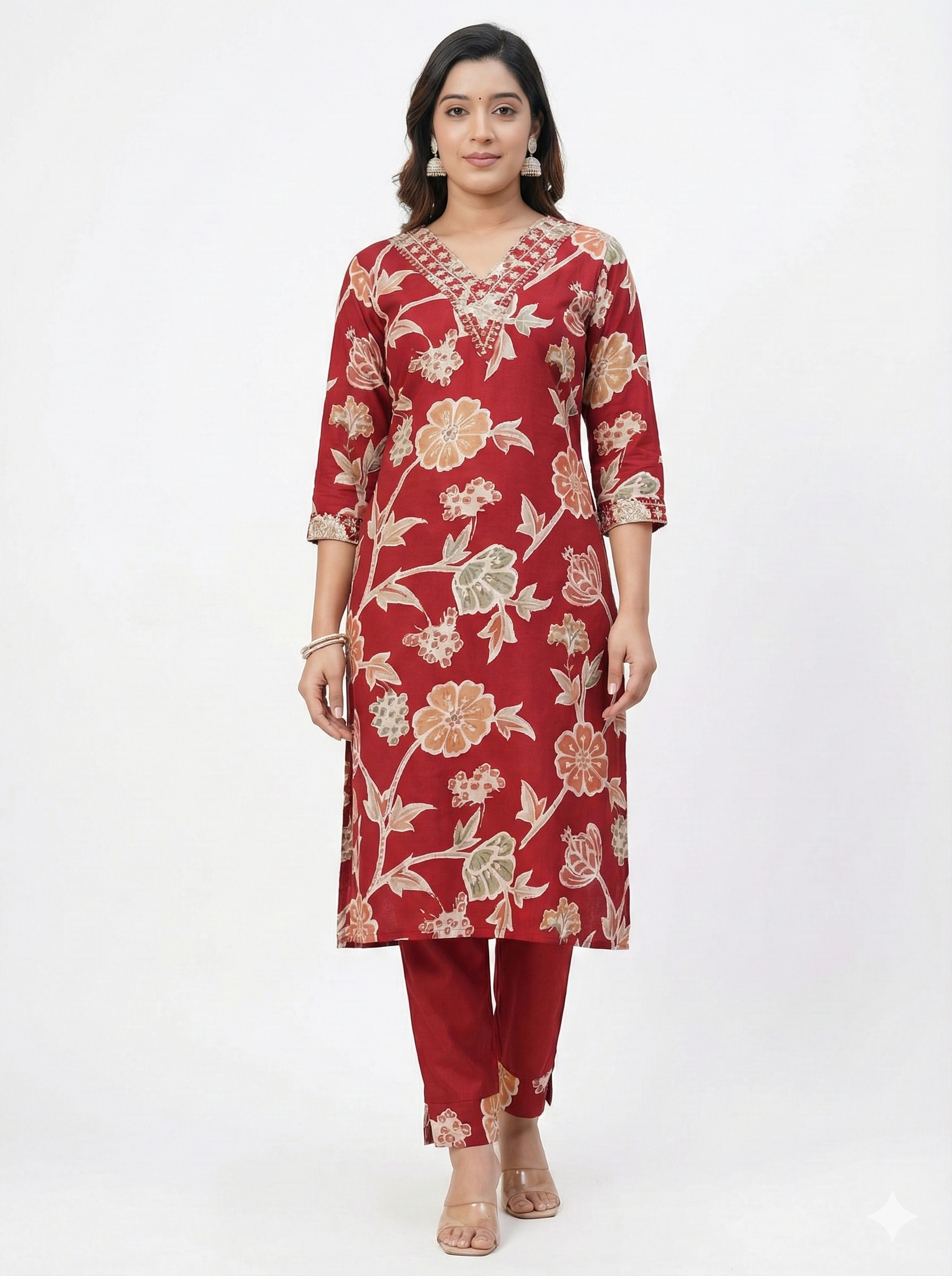 Red Floral Printed Kurta Pant Set for Women – Elegant Daily Wear & Casual Ethnic Suit