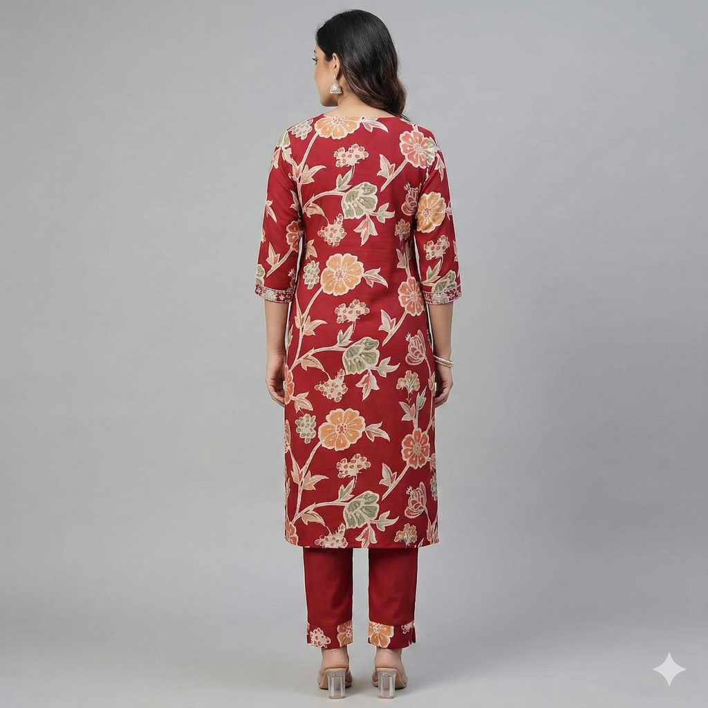 Red Floral Printed Kurta Pant Set for Women – Elegant Daily Wear & Casual Ethnic Suit