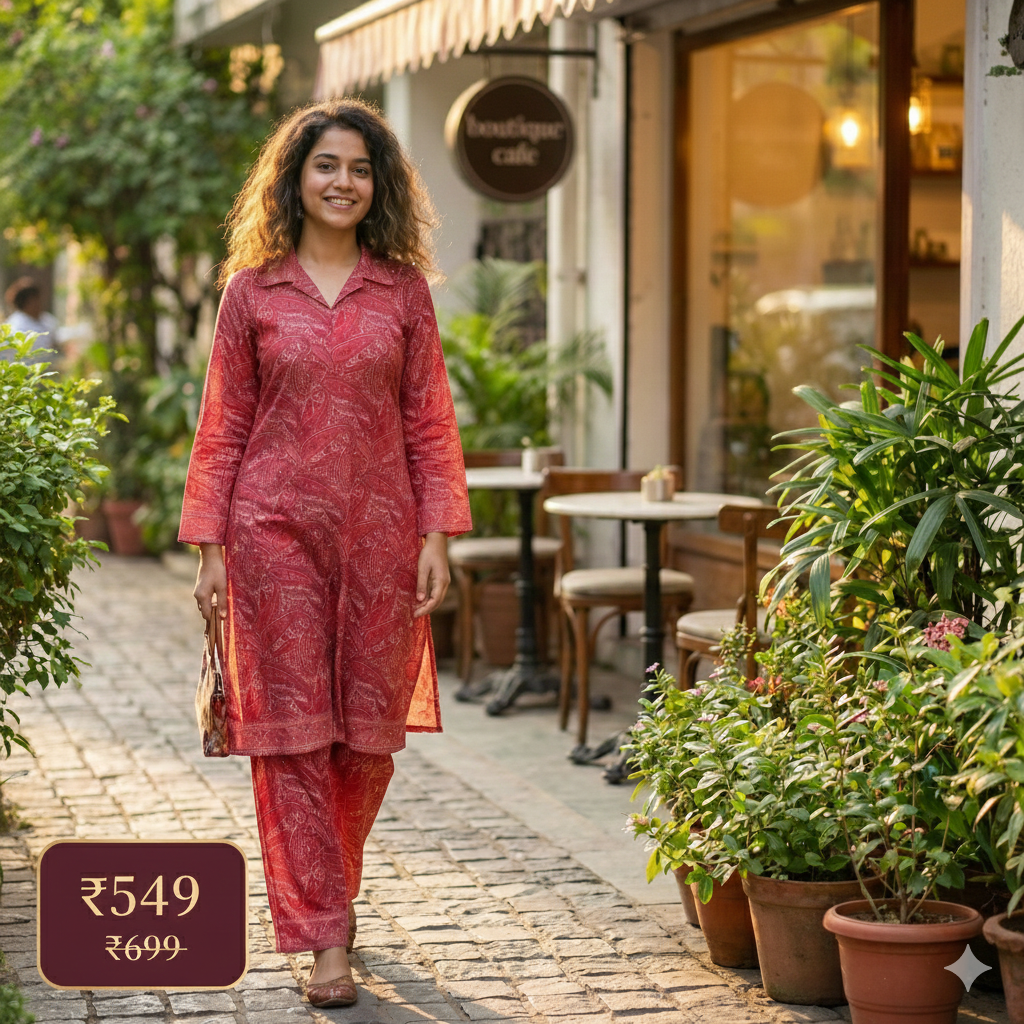 Red Paisley Printed Cotton Co-ord Set for Women | Comfortable Daily Wear & Stylish Casual Outfit