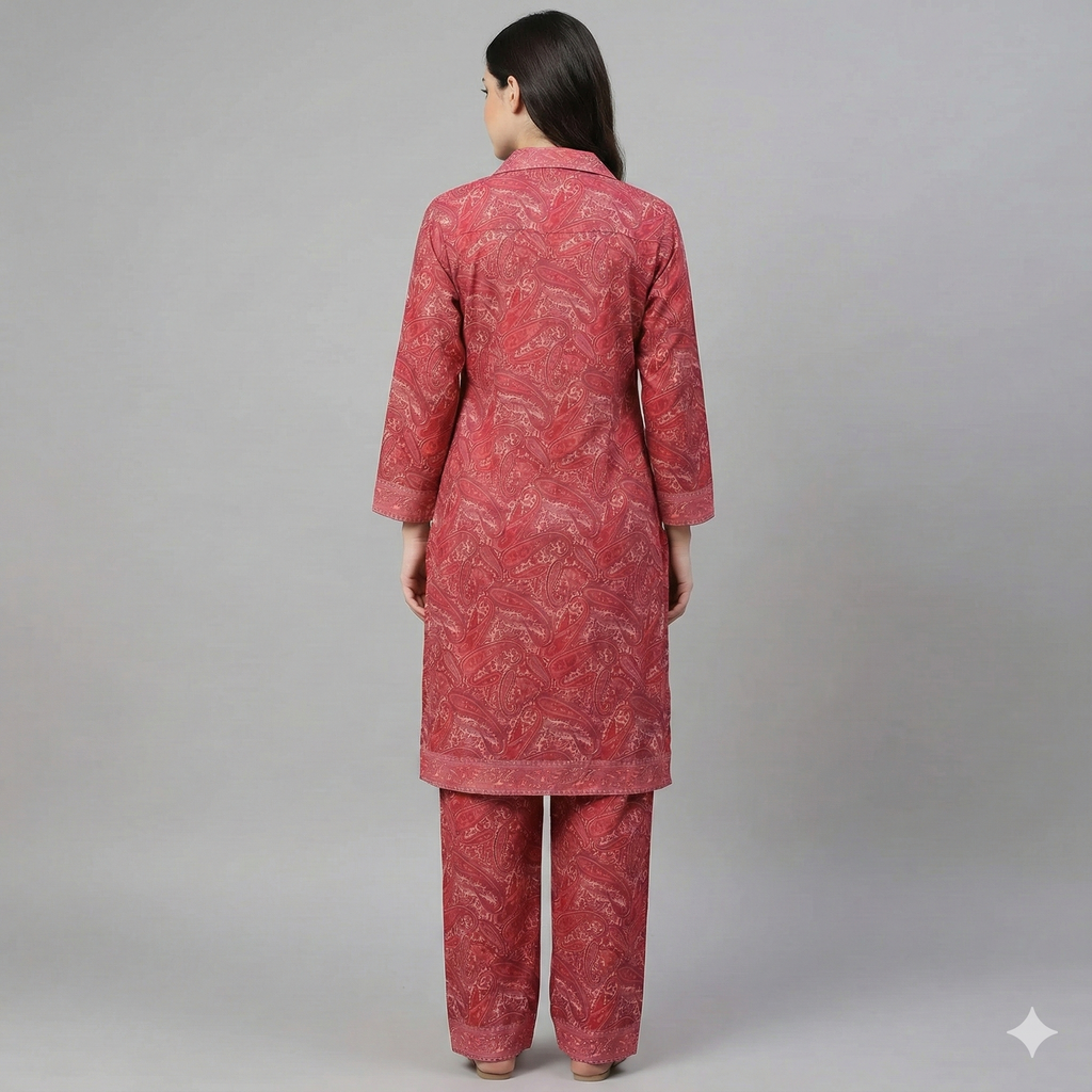 Red Paisley Printed Cotton Co-ord Set for Women | Comfortable Daily Wear & Stylish Casual Outfit