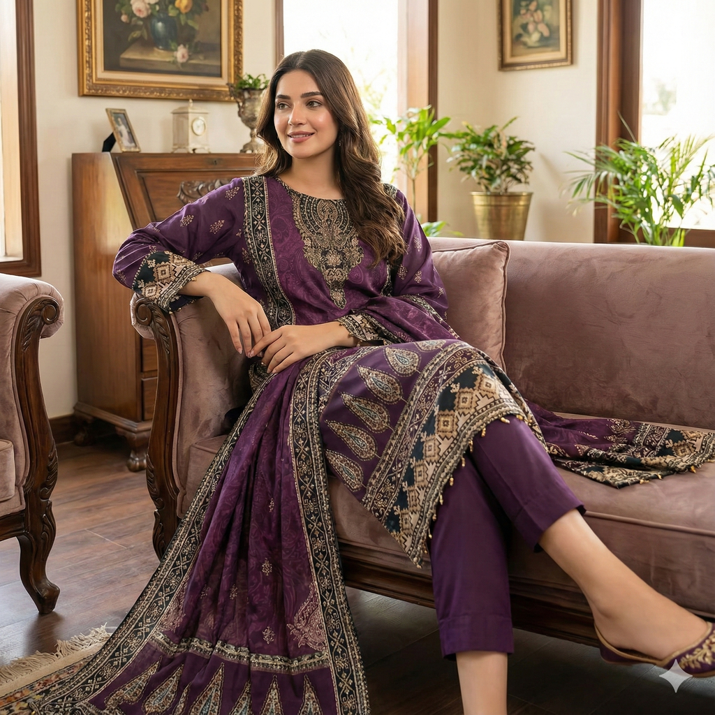 Royal Purple Printed 3-Piece Kurta Pant Dupatta Set for Women | Festive & Daily Wear Suit