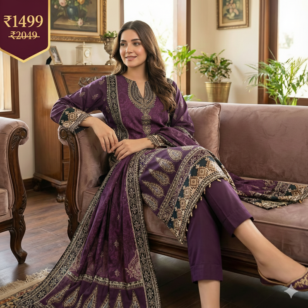 Royal Purple Printed 3-Piece Kurta Pant Dupatta Set for Women | Festive & Daily Wear Suit