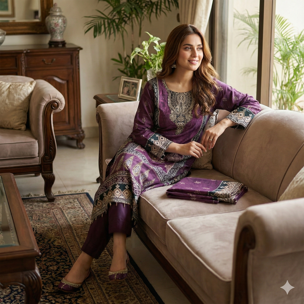 Royal Purple Printed 3-Piece Kurta Pant Dupatta Set for Women | Festive & Daily Wear Suit