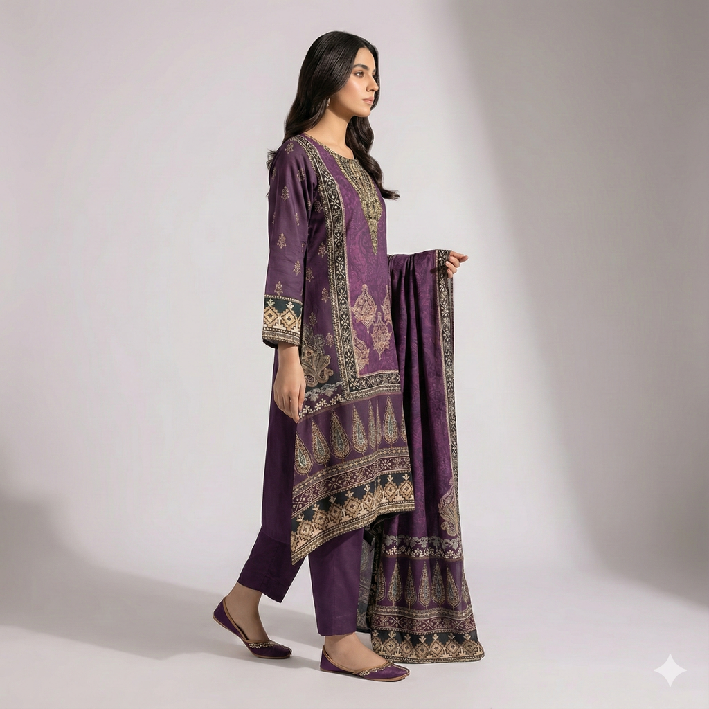 Royal Purple Printed 3-Piece Kurta Pant Dupatta Set for Women | Festive & Daily Wear Suit