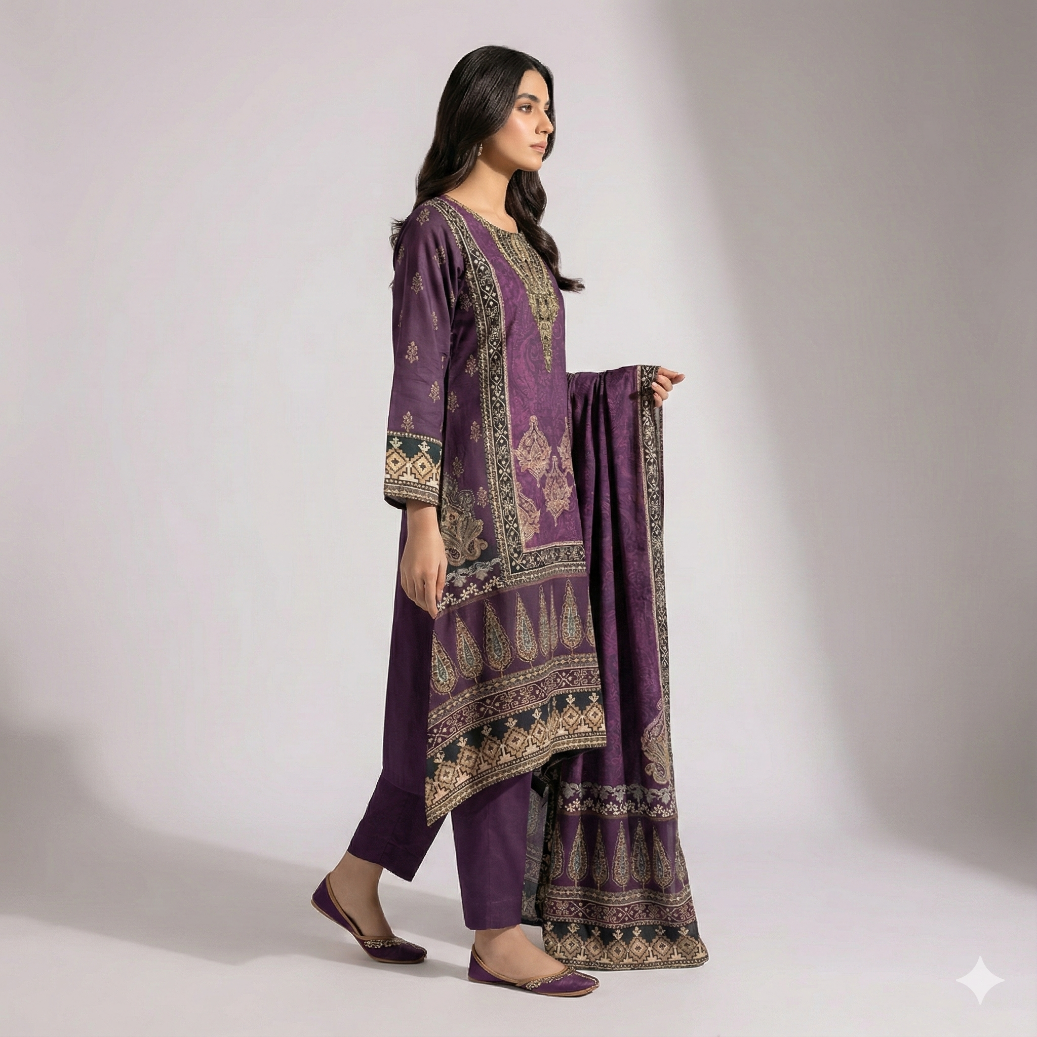 Royal Purple Printed 3-Piece Kurta Pant Dupatta Set for Women | Festive & Daily Wear Suit