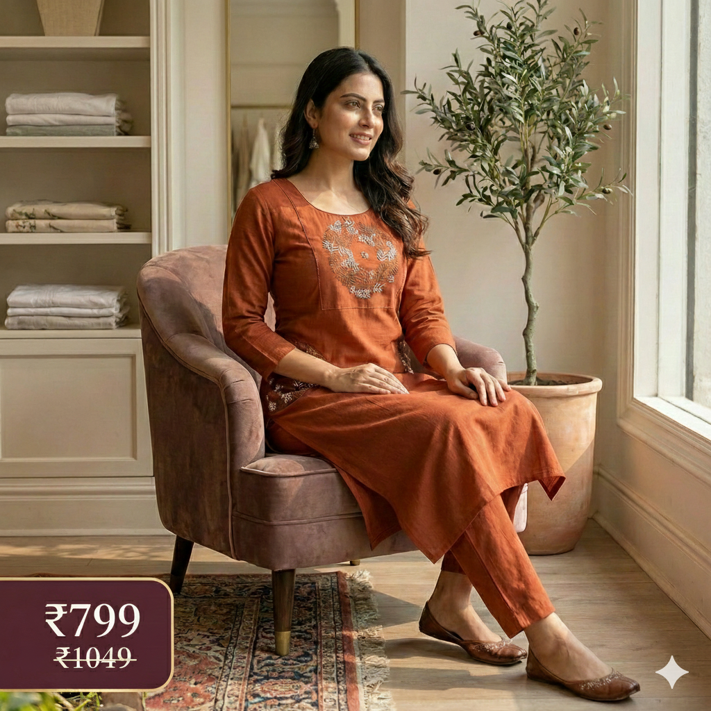 Rust Brown Embroidered Co-ord Set for Women | Elegant Kurti & Pant Set for Daily & Office Wear