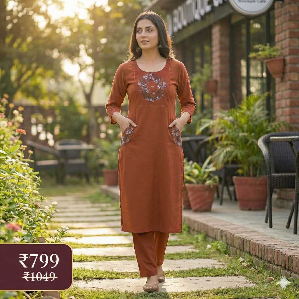 Rust Brown Embroidered Co-ord Set for Women | Elegant Kurti & Pant Set for Daily & Office Wear