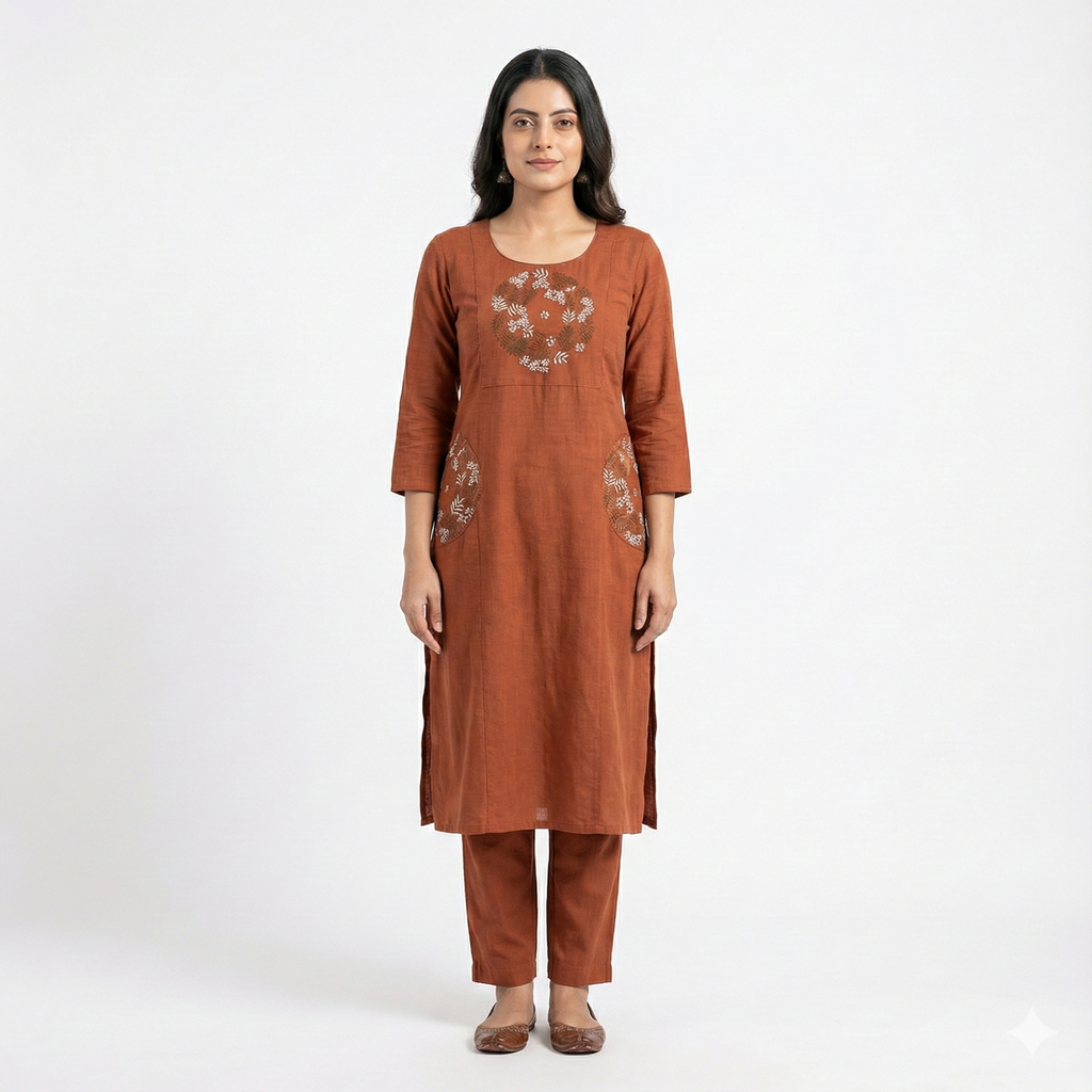 Rust Brown Embroidered Co-ord Set for Women | Elegant Kurti & Pant Set for Daily & Office Wear