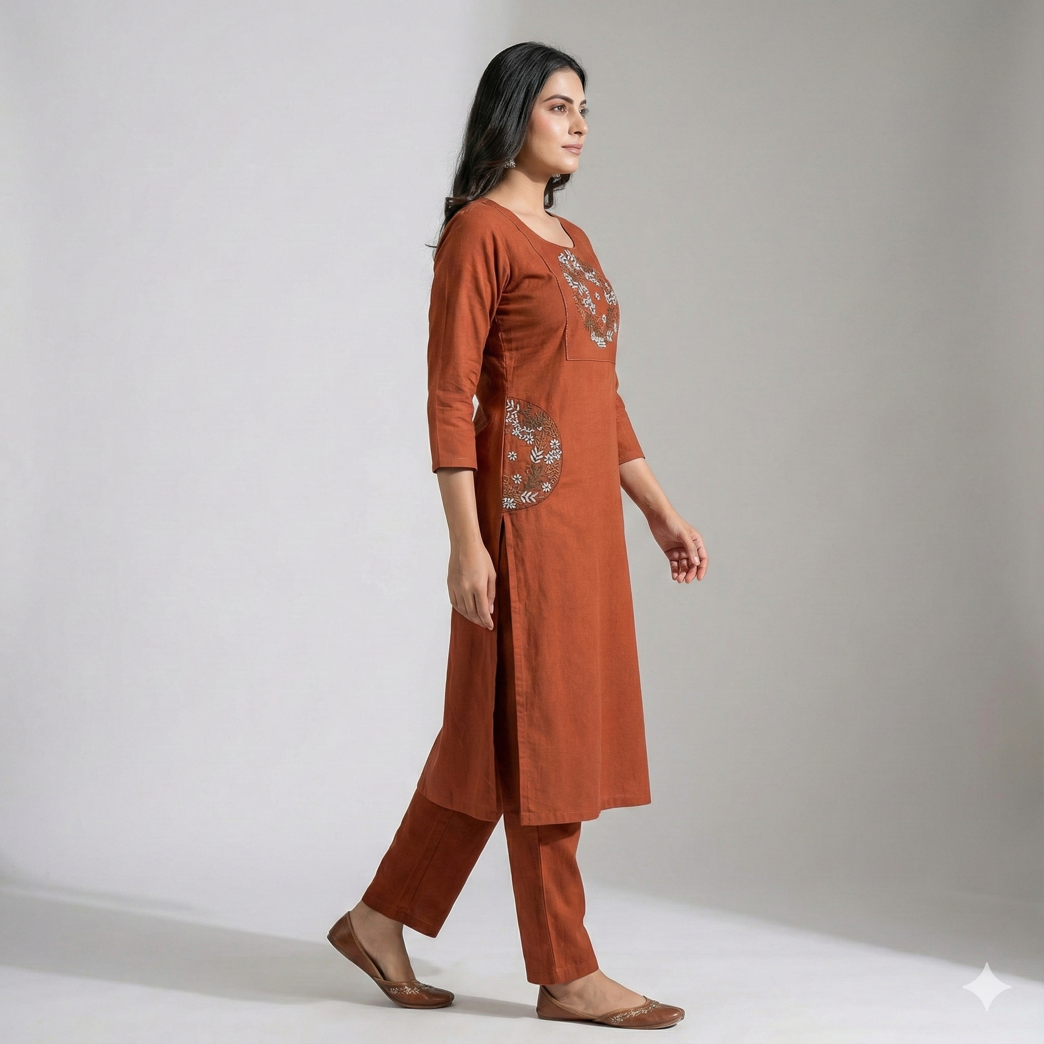 Rust Brown Embroidered Co-ord Set for Women | Elegant Kurti & Pant Set for Daily & Office Wear