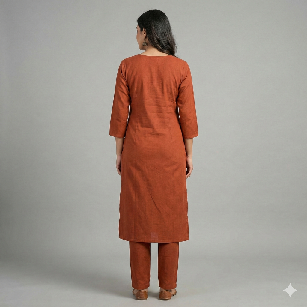 Rust Brown Embroidered Co-ord Set for Women | Elegant Kurti & Pant Set for Daily & Office Wear