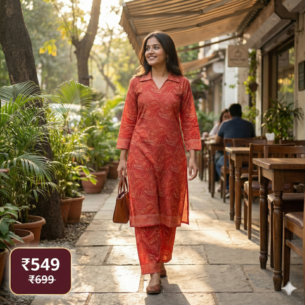 Rust Orange Paisley Printed Cotton Co-ord Set for Women | Comfortable Daily Wear Ethnic Set