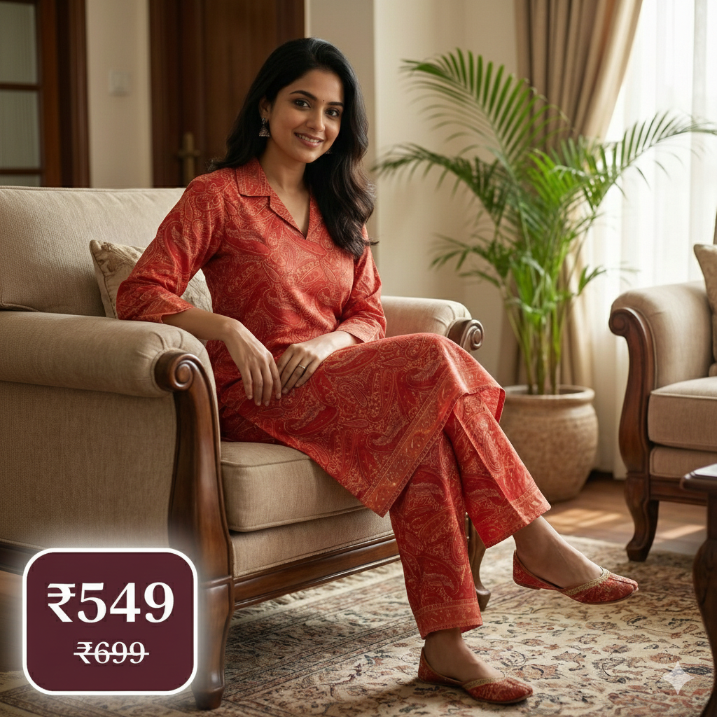 Rust Orange Paisley Printed Cotton Co-ord Set for Women | Comfortable Daily Wear Ethnic Set