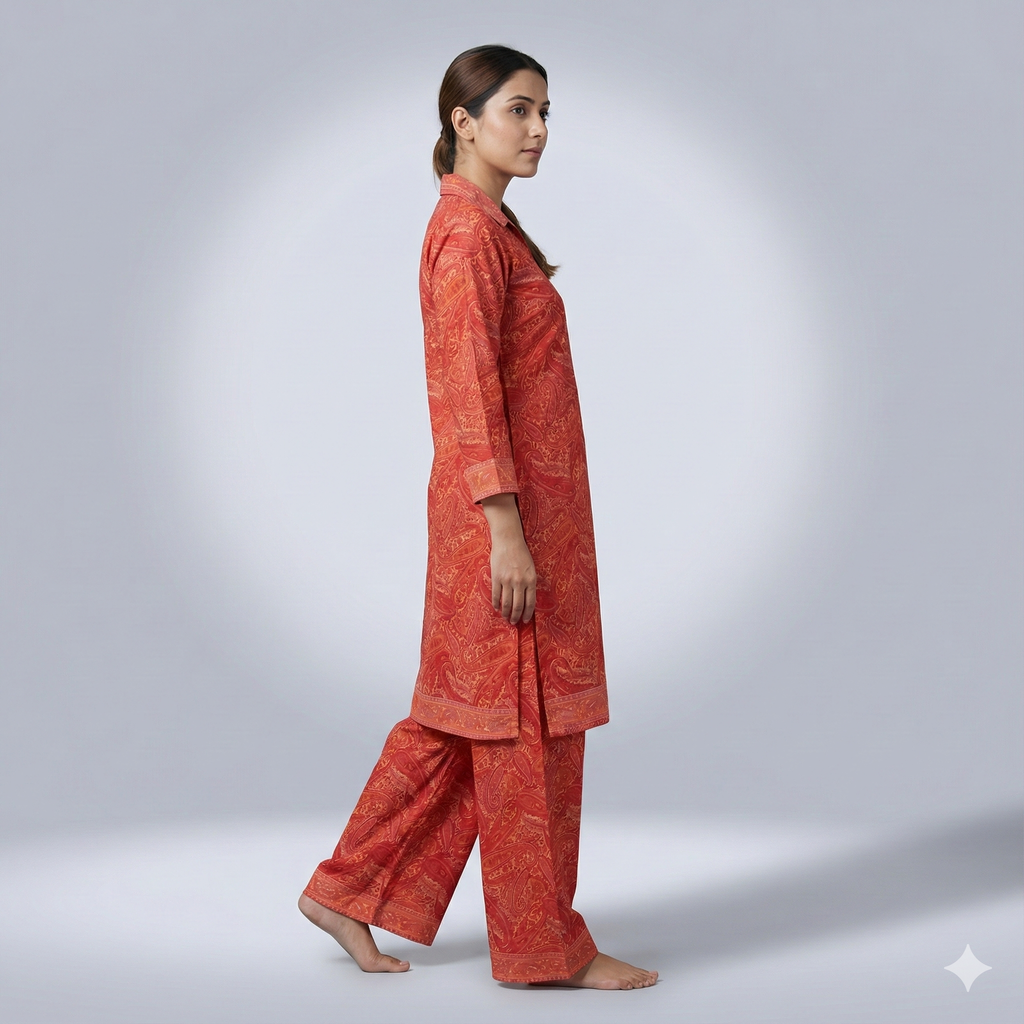 Rust Orange Paisley Printed Cotton Co-ord Set for Women | Comfortable Daily Wear Ethnic Set
