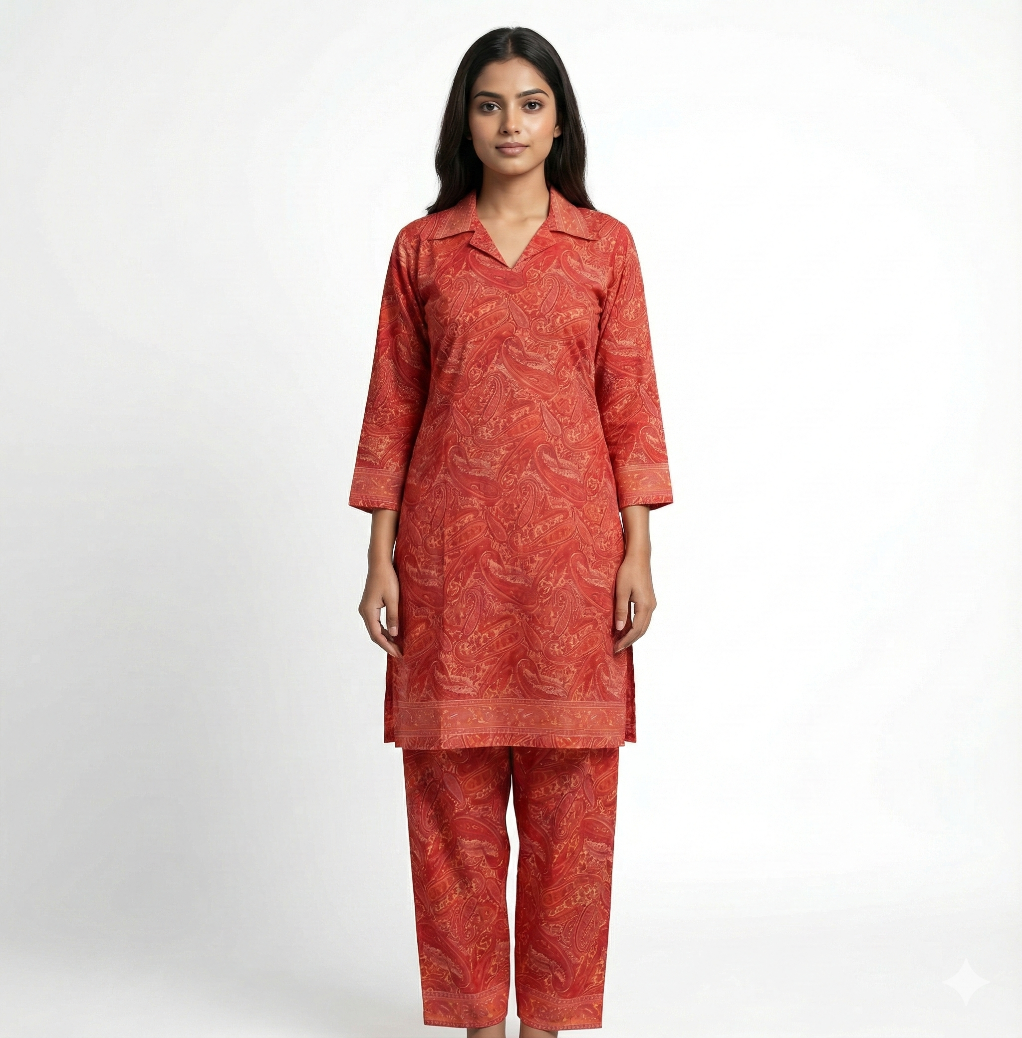 Rust Orange Paisley Printed Cotton Co-ord Set for Women | Comfortable Daily Wear Ethnic Set