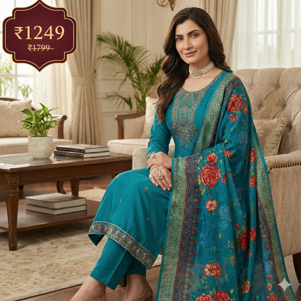 Teal Blue Embroidered 3-Piece Suit Set for Women – Kurta, Pant & Floral Printed Dupatta