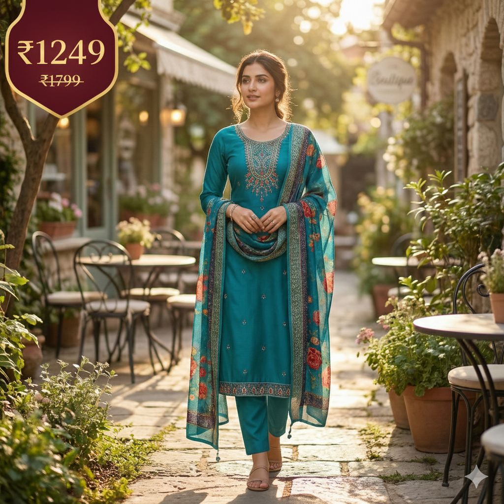 Teal Blue Embroidered 3-Piece Suit Set for Women – Kurta, Pant & Floral Printed Dupatta